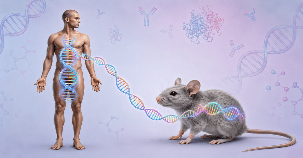 Photorealistic illustration of a humanized mouse model concept. A rainbow-colored DNA strand extends from the chest of a photorealistic human figure down to a light gray mouse, symbolizing genetic transfer. The background features a subtle pastel blend of baby blue, pink, and purple with subdued protein molecules, antibodies, and DNA strands.