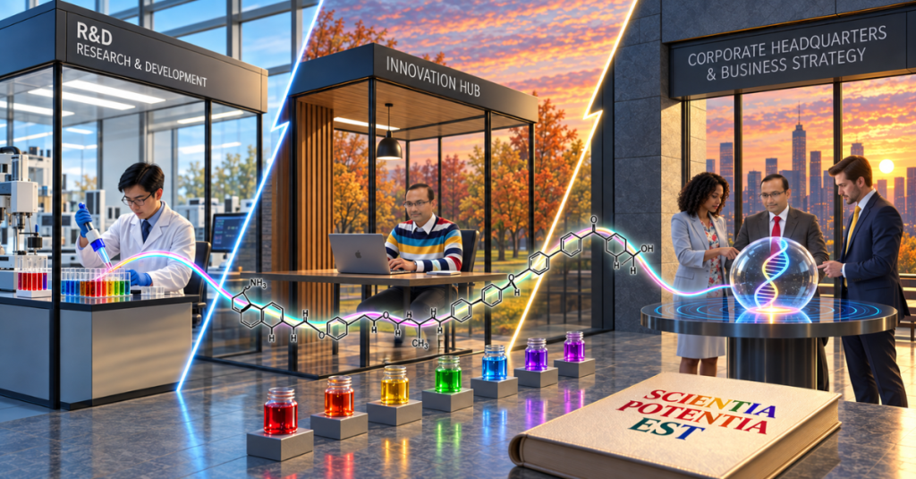 Romesh Collins, product manager and strategic lead, depicted across the co-development journey of a small-molecule API intermediate, connecting pharmaceutical R&D, product innovation, specialty chemistry, and corporate strategy from scientific concept through commercialization.